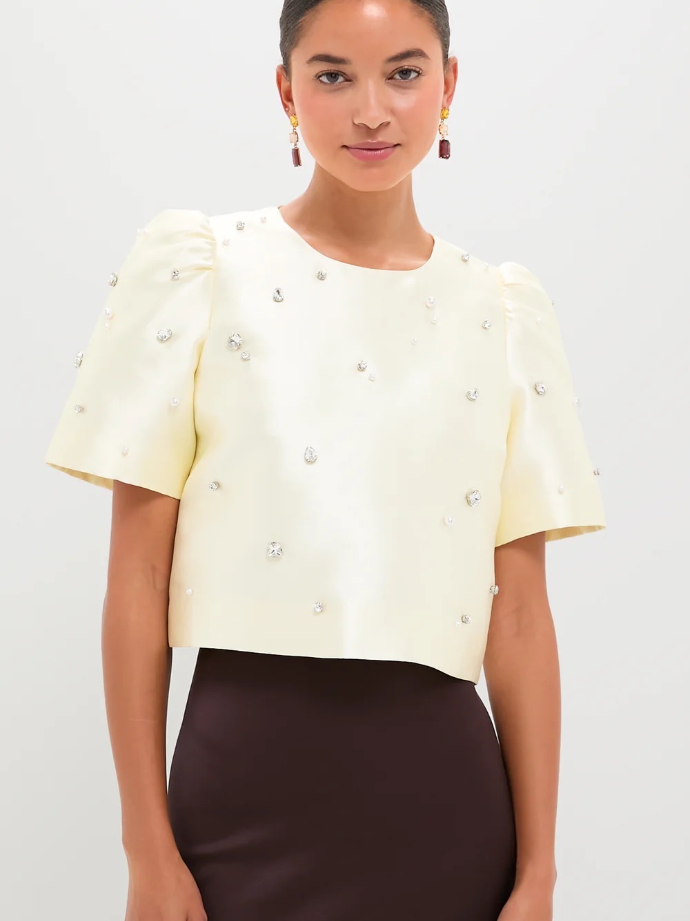 HUNTER BELL Ivory Crystal-Embellished Puff-Sleeve Crop Top